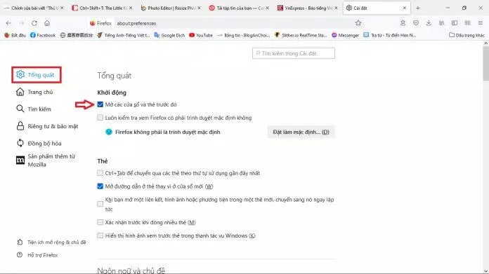 Giao diện cài đặt chế độ mặc định mở các tab cũ trên Firefox khi khởi động rất đơn giản. (Ảnh: BlogAnChoi) Giao diện cài đặt chế độ mặc định mở các tab cũ trên Firefox khi khởi động rất đơn giản. (Ảnh: BlogAnChoi)