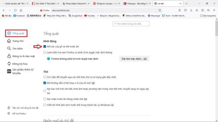 Giao diện cài đặt chế độ mặc định mở các tab cũ trên Firefox khi khởi động rất đơn giản. (Ảnh: BlogAnChoi) Giao diện cài đặt chế độ mặc định mở các tab cũ trên Firefox khi khởi động rất đơn giản. (Ảnh: BlogAnChoi)