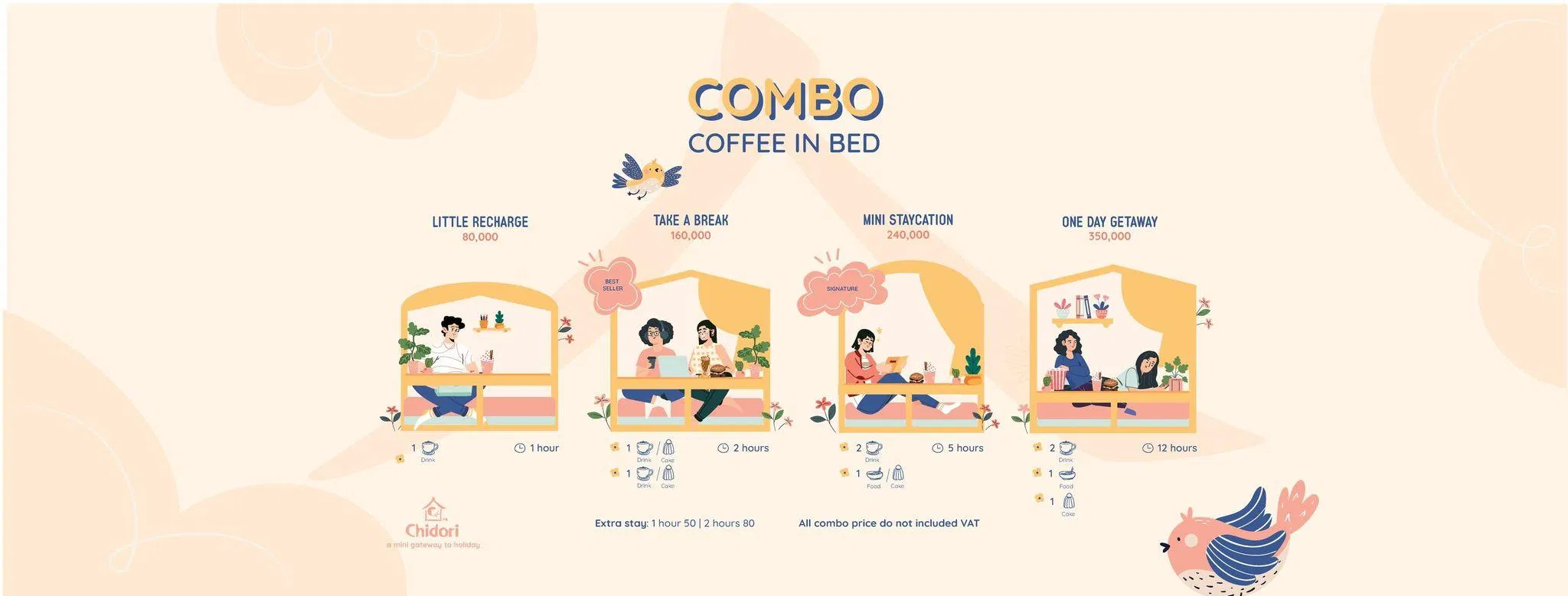 Các dịch vụ tại Chidori (Nguồn: Fanpage Chidori Coffee in Bed)