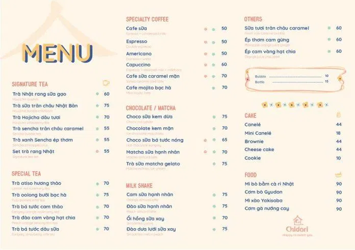 Menu Chidori ( Nguồn: Fanpage Chidori Coffee in Bed) Menu Chidori ( Nguồn: Fanpage Chidori Coffee in Bed)
