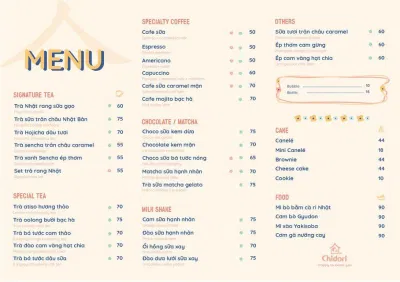 Menu Chidori ( Nguồn: Fanpage Chidori Coffee in Bed) Menu Chidori ( Nguồn: Fanpage Chidori Coffee in Bed)
