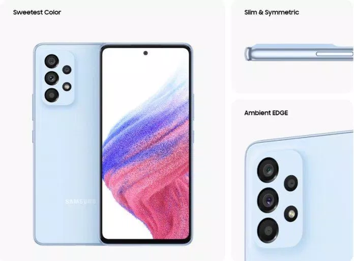 Điện thoại Samsung Galaxy A53 có mặt lưng bằng nhựa (Ảnh: Internet) Điện thoại Samsung Galaxy A53 có khung bằng nhựa và cụm camera gồm 4 ống kính (Ảnh: Internet)