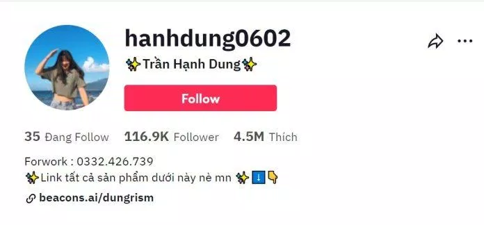 Kênh TikTok của Hạnh Dung. (Nguồn: Internet) Kênh TikTok của Hạnh Dung. (Nguồn: Internet)