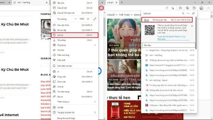 Cách quản lý và khôi phục các tab trình duyệt trên Microsoft Edge trong mục Lịch sử. (Ảnh: BlogAnChoi) Cách quản lý và khôi phục các tab trình duyệt trên Microsoft Edge trong mục Lịch sử. (Ảnh: BlogAnChoi)