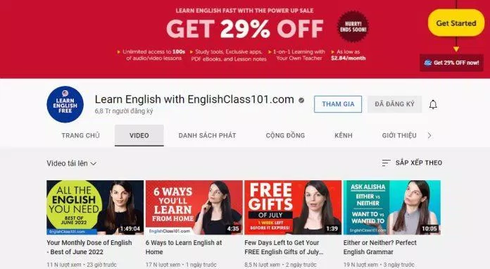 Kênh YouTube Học Tiếng Anh Cùng EnglishClass101.com (Ảnh: internet)