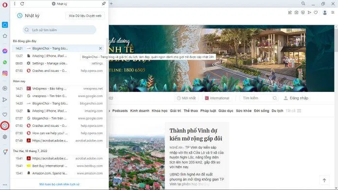 Mục Lịch sử trình duyệt Opera thường nằm ở thanh bên của ứng dụng. (Ảnh: BlogAnChoi) Mục Lịch sử trình duyệt Opera thường nằm ở thanh bên của ứng dụng. (Ảnh: BlogAnChoi)