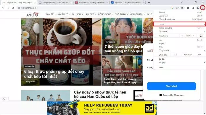 Có thể truy cập vào lịch sử trình duyệt Google Chrome qua biểu tượng ba chấm ở góc trên cùng bên phải. (Ảnh: BlogAnChoi) Có thể truy cập vào lịch sử trình duyệt Google Chrome qua biểu tượng ba chấm ở góc trên cùng bên phải. (Ảnh: BlogAnChoi)