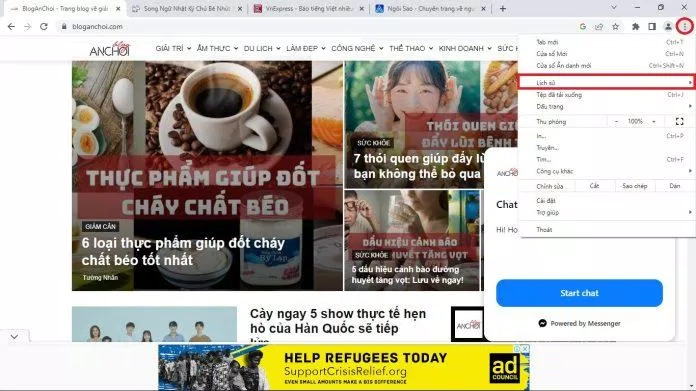 Có thể truy cập vào lịch sử trình duyệt Google Chrome qua biểu tượng ba chấm ở góc trên cùng bên phải. (Ảnh: BlogAnChoi)
