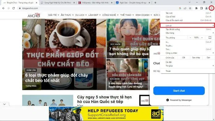 Có thể truy cập vào lịch sử trình duyệt Google Chrome qua biểu tượng ba chấm ở góc trên cùng bên phải. (Ảnh: BlogAnChoi) Có thể truy cập vào lịch sử trình duyệt Google Chrome qua biểu tượng ba chấm ở góc trên cùng bên phải. (Ảnh: BlogAnChoi)