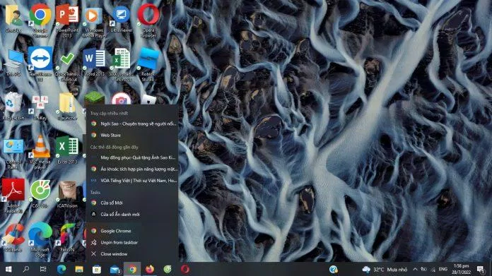 Click chuột phải vào icon Google Chrome trên taskbar cũng là một cách khôi phục được một số tab trình duyệt. (Ảnh: BlogAnChoi)