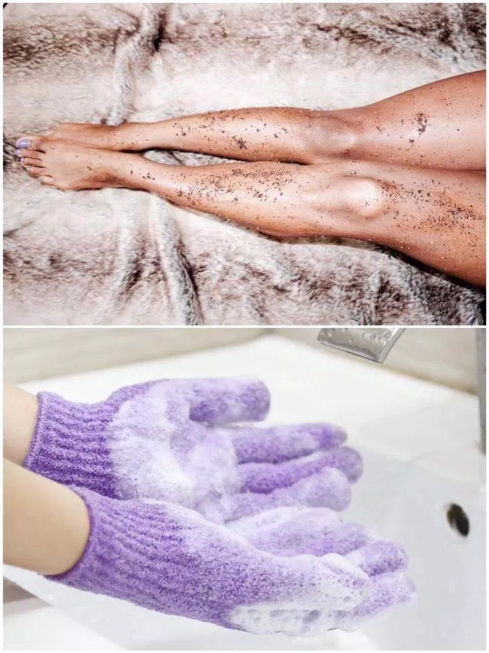 Sử dụng găng tay tẩy da chết kết hợp với tẩy da chết dạng hạt (Nguồn: Internet)