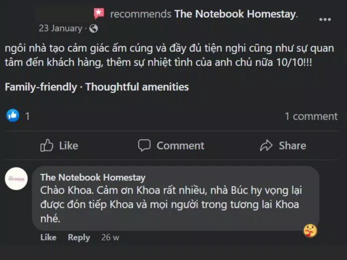 Đánh giá trên fanpage The Notebook Homestay (Nguồn: fanpage The Notebook Homestay)