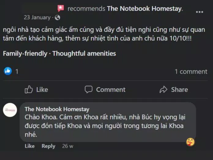 Đánh giá trên fanpage The Notebook Homestay (Nguồn: fanpage The Notebook Homestay) Đánh giá trên fanpage The Notebook Homestay (Nguồn: fanpage The Notebook Homestay)