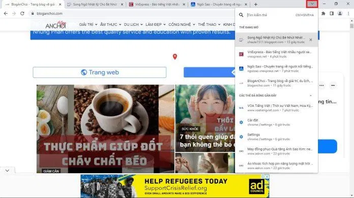 Biểu tượng mũi tên này giúp bạn dễ dàng kiểm soát các website đang dùng và đã đóng gần đây. (Ảnh: BlogAnChoi) Biểu tượng mũi tên này giúp bạn dễ dàng kiểm soát các website đang dùng và đã đóng gần đây. (Ảnh: BlogAnChoi)