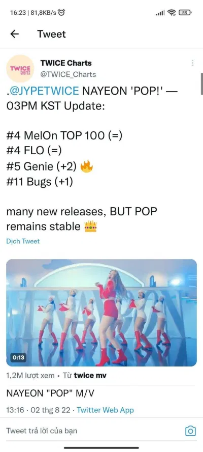 Chart POP trên các bảng xếp hạng (nguồn: twitter)