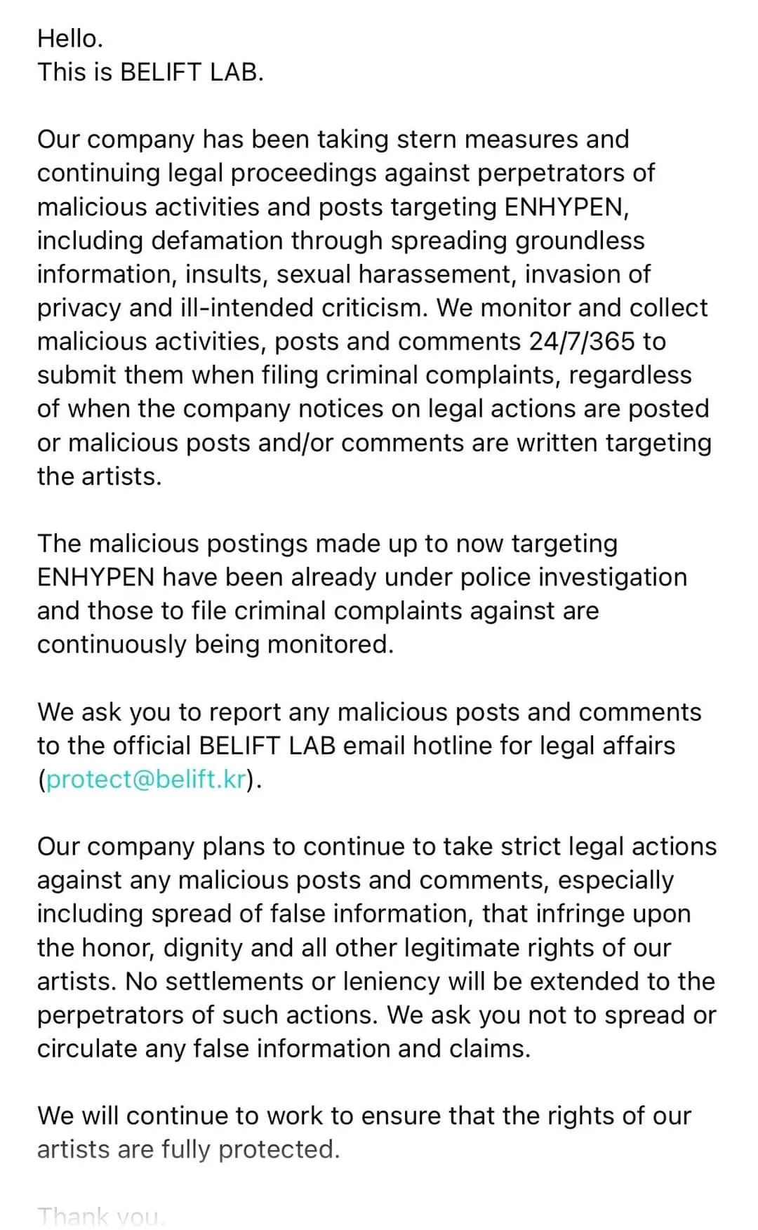 Thông báo chính thức đến từ công ty chủ quản (Ảnh: Internet)