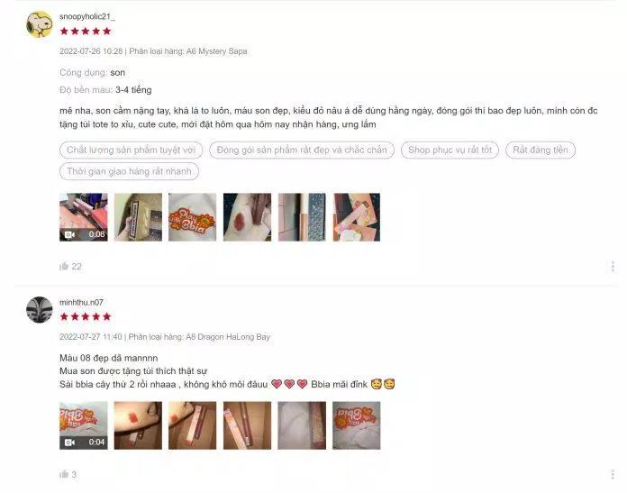 Đánh giá của khách hàng về BBIA Last Velvet Lip Tint - Asia Edition Version 2 trên Shopee (Ảnh: Internet). Đánh giá của khách hàng về BBIA Last Velvet Lip Tint - Asia Edition Version 2 trên Shopee (Ảnh: Internet).