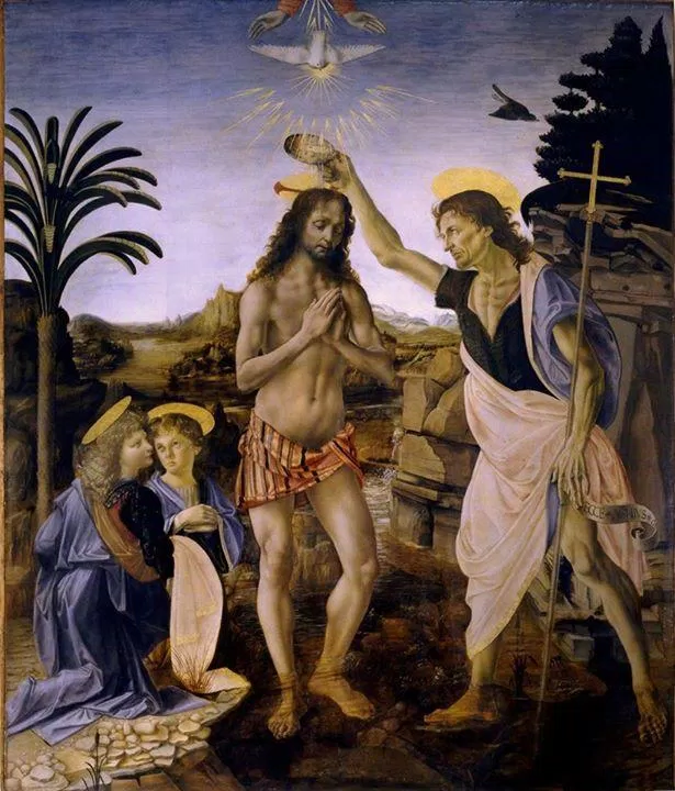 Tác phẩm "Lễ rửa tội của Chúa" vẽ dở bởi người thầy và được Leonardo hoàn thành nốt thiên thần ở góc trái (Nguồn: Internet)