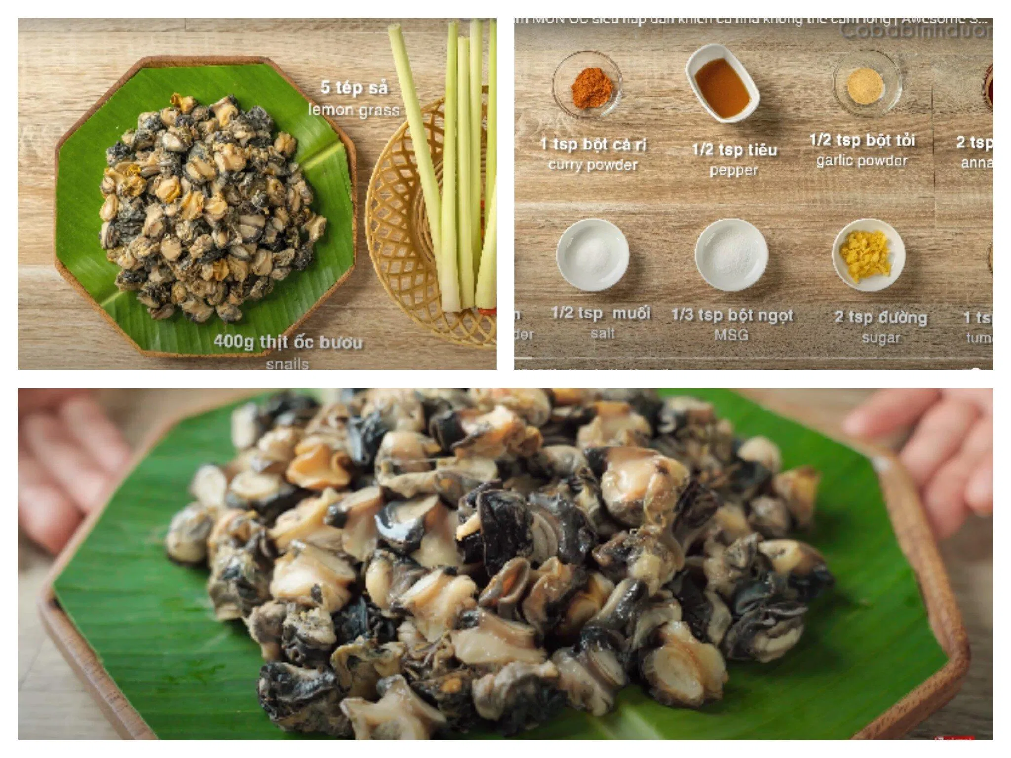 Nguyên liệu và gia vị chế biến ốc xào sả ớt.