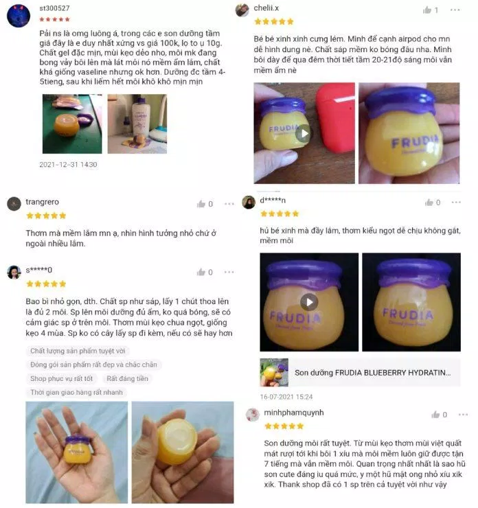 Một vài nhận xét của khánh hàng về Dưỡng môi Frudia Blueberry Hydrating Honey Lip Balm trên Shopee (ảnh: internet)