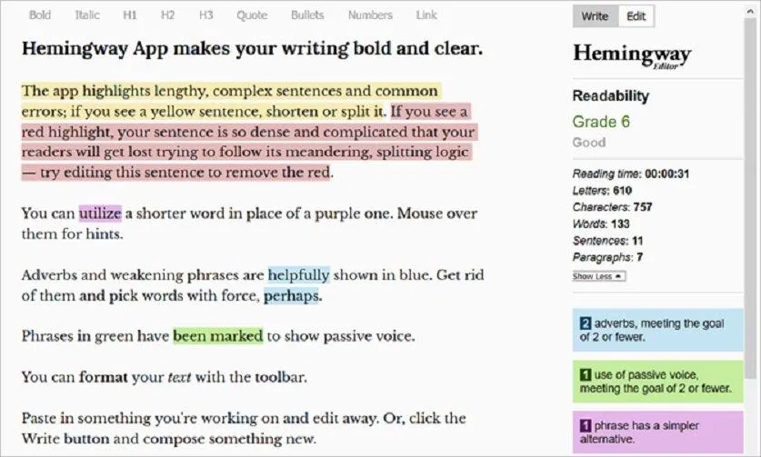 Giao diện phần mềm soạn văn bản Hemingway (Ảnh: Internet) Giao diện phần mềm soạn văn bản Hemingway (Ảnh: Internet)