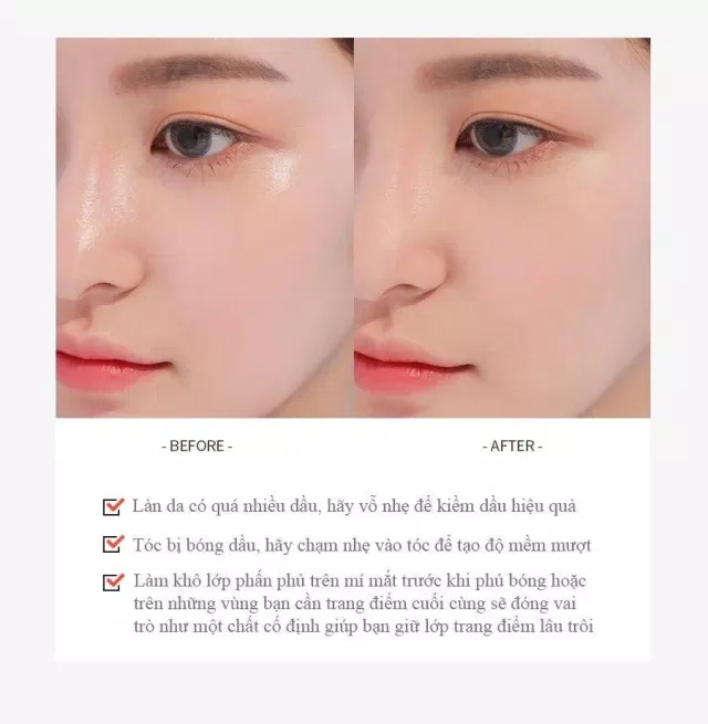 trước và sau khi sử dụng sản phẩm phấn phủ lì mịn 3CE Blur Sebum Powder (Ảnh: internet)
