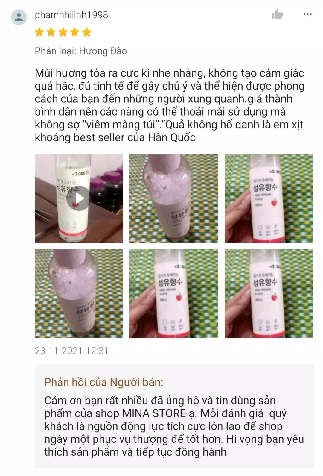 Đánh giá của khách hàng trên Shopee về xịt thơm quần áo Fabric Perfume (Nguồn: internet)