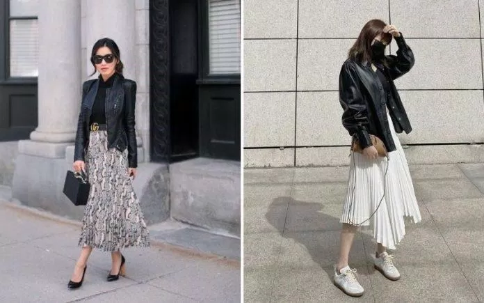 Áo khoác da mix and match ấn tượng với chân váy dài