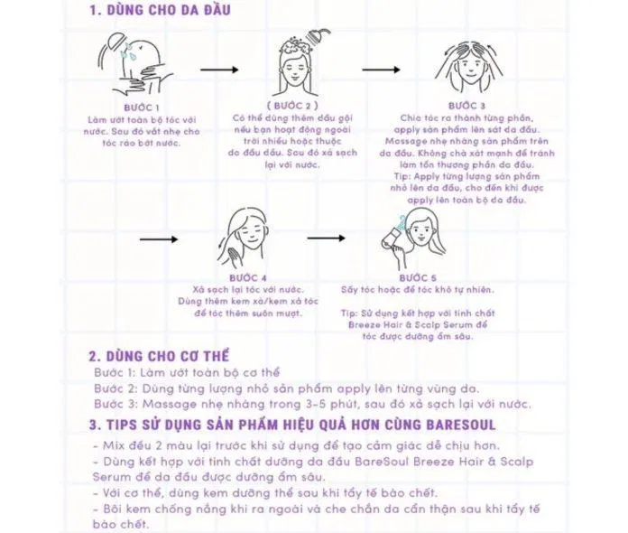 Hướng dẫn sử dụng BareSoul FREE Body & Hair Scrub (Nguồn: BareSoul Cosme) Hướng dẫn sử dụng BareSoul FREE Body &Hair Scrub (Nguồn: BareSoul Cosme)
