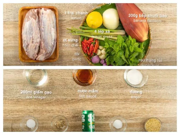Nguyên liệu và gia vị làm gỏi bắp bò.