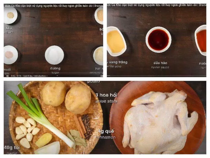 Nguyên liệu và gia vị nấu gà kho khoai tây.