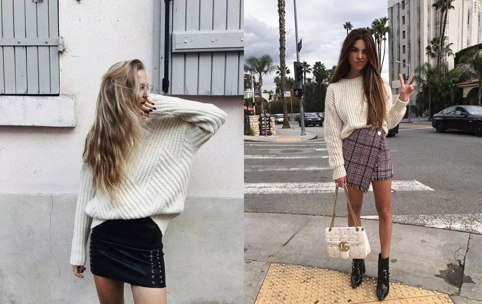 Áo len rộng phối chân váy ngắn được nhiều fashionista yêu thích