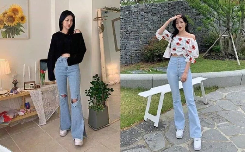 Quần jeans ống loe phối áo croptop