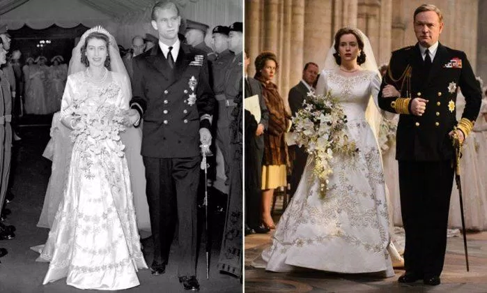Một trong những trang phục hoàng gia được làm lại trong seri The Crown giống bản thật nhất là váy cưới của Nữ hoàng Anh năm 1947. Nguồn: internet