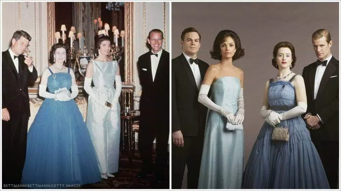 Chiếc váy xanh tôn lên vẻ thanh lịch của Nữ hoàng khi tiếp đãi Tổng thống Mỹ John.F.Kendy . Nguồn: internet