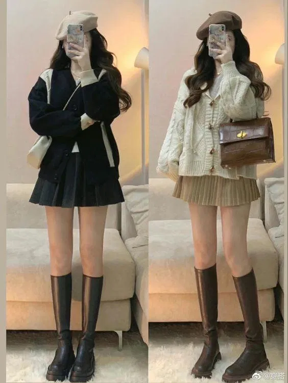 Cardigan phối với chân váy xếp ly cùng boots cao (Nguồn: Internet)