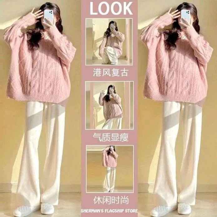 Áo len hồng cùng quần suông trắng Áo len hồng cùng quần suông trắng
