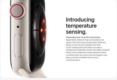 Cảm biến nhiệt độ lần đầu tiên xuất hiện trên Apple Watch Series 8 (Ảnh: Internet) Cảm biến nhiệt độ lần đầu tiên xuất hiện trên Apple Watch Series 8 (Ảnh: Internet)