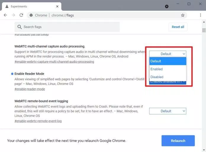 Các tùy chọn bật, tắt hoặc mặc định cho tính năng Flags (Ảnh: Internet) Các tùy chọn bật, tắt hoặc mặc định cho tính năng Flags (Ảnh: Internet)