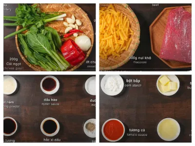 Nguyên liệu và gia vị nấu nui xào bò.