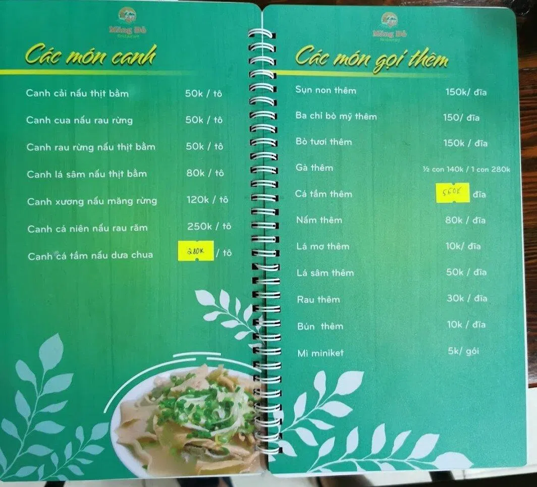 Thực đơn của nhà hàng. (Ảnh: Internet)