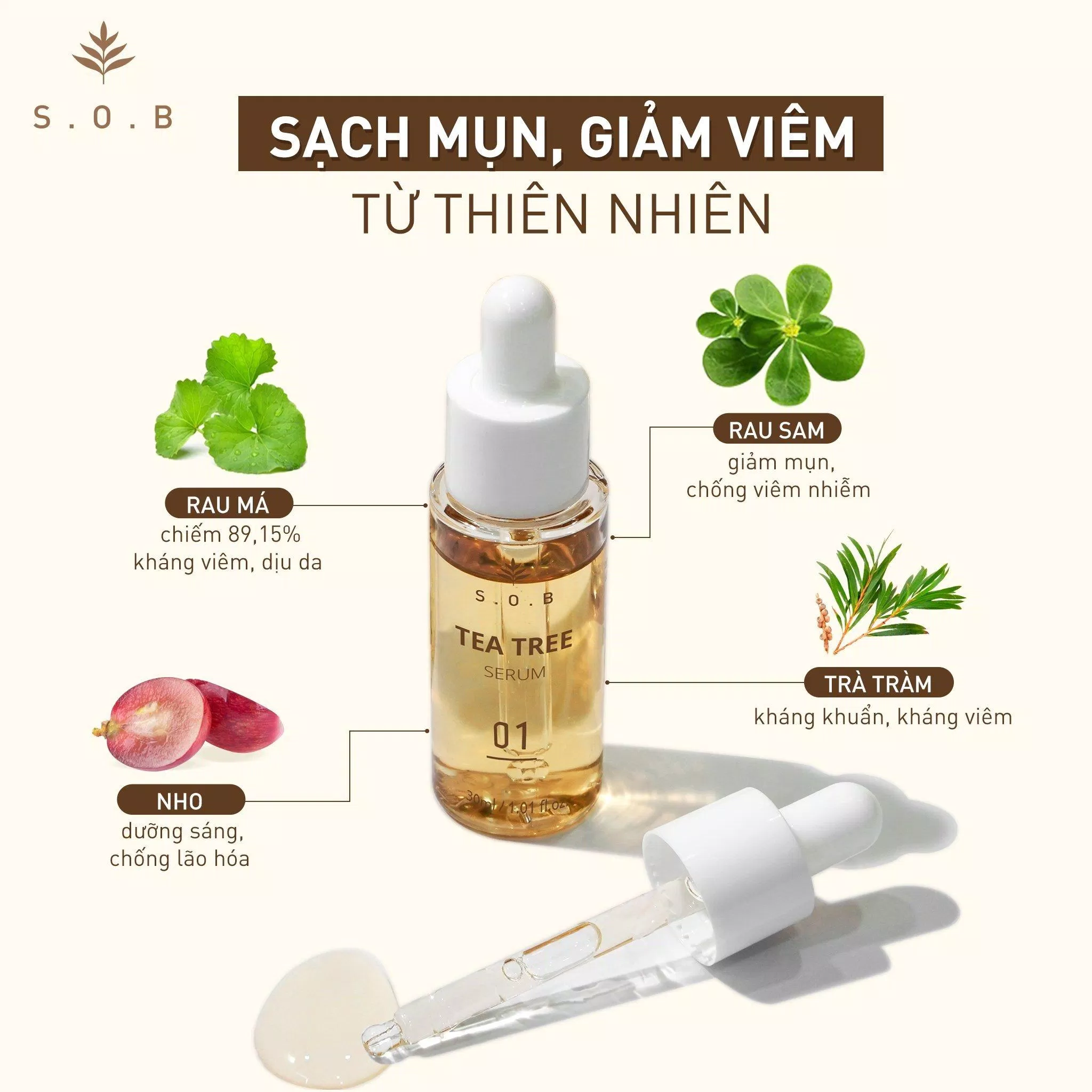 S.O.B Tea Tree Serum chứa nhiều thành phần làm dịu và kháng viêm trên da (Ảnh: Internet).