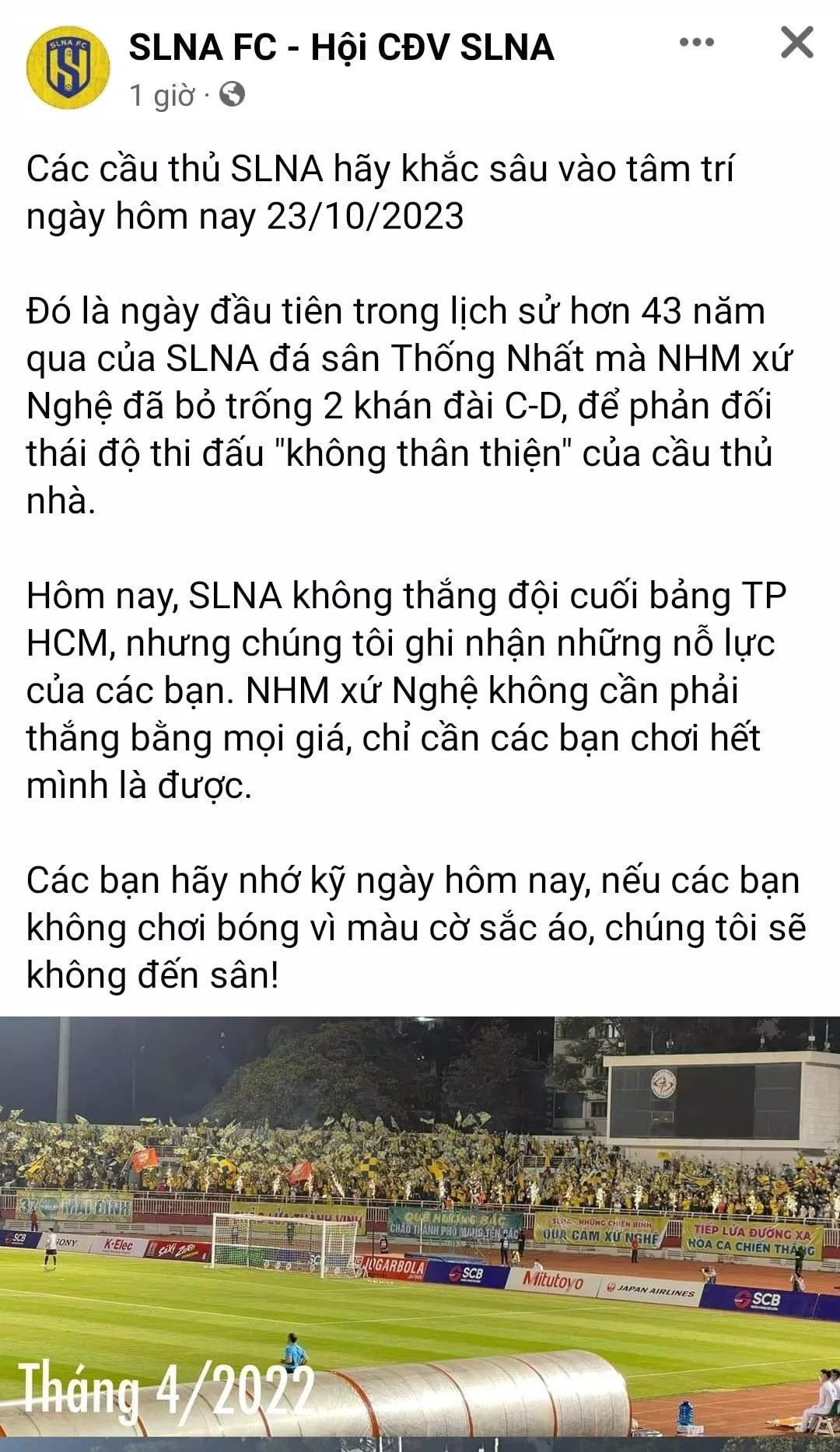 Thông báo của Hội cổ động viên sau trận đấu với Thành phố Hồ Chí MInh (Ảnh: Internet) Thông báo của Hội cổ động viên sau trận đấu với Thành phố Hồ Chí MInh (Ảnh: Internet)