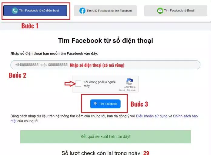 Cách tìm Facebook bằng số điện thoại qua tool hỗ trợ. (Ảnh: Internet)