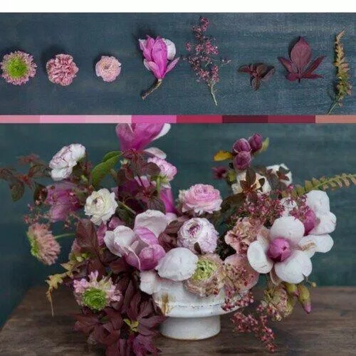 Ảnh hoa sử dụng và phối cảnh gợi ý cho màu đỏ tía. Nguồn: sách Color Me Floral: Stunning Monochromatic Arrangements for Every Season, Kiana Underwood.