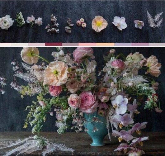 Ảnh hoa sử dụng và phối cảnh gợi ý cho màu hồng. Nguồn: sách Color Me Floral: Stunning Monochromatic Arrangements for Every Season, Kiana Underwood.