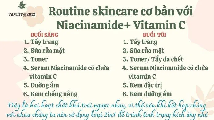 Routine kết hợp Niacinamide với Vitamin C (Nguồn: Tự edit) Routine kết hợp Niacinamide với Vitamin C (Nguồn: Tự edit)