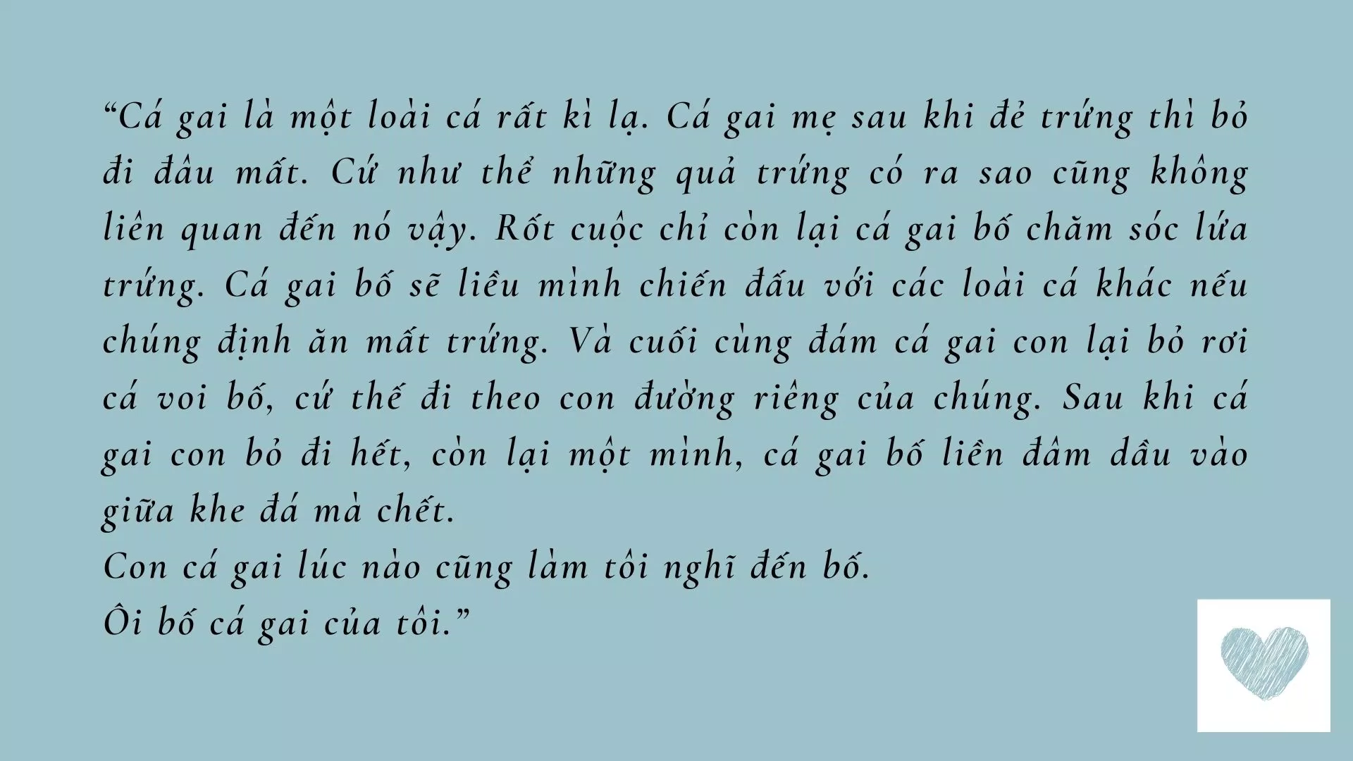 Bố con cá gai chính là hình ảnh tượng trưng rõ nét cho sự hi sinh của nhân vật người bố trong tác phẩm (Nguồn: BlogAnChoi)