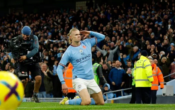 MANCHESTER, ENGLAND - NOVEMBER 05: Erling Haaland of Manchester City celebrates after scoring their team's second goal during the Premier League match between Manchester City and Fulham FC at Etihad Stadium on November 05, 2022 in Manchester, England. (Photo by Lynne Cameron - Manchester City/Manchester City FC via Getty Images)