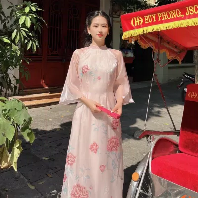 Áo dài tết gam màu hồng cùng họa tiết hoa tinh tế Áo dài tết gam màu hồng cùng họa tiết hoa tinh tế